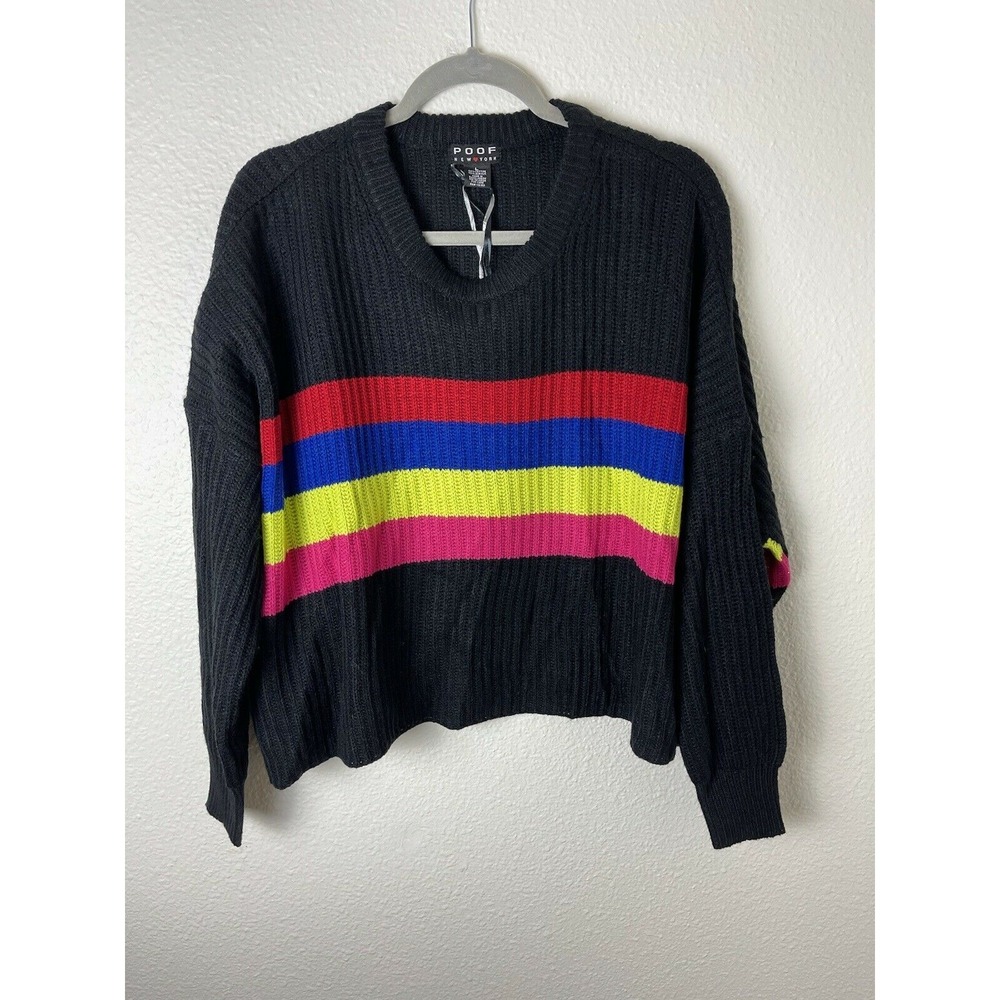 Poof New‎ York Women's Cropped Black Multi Color Striped Sweater Size Large L